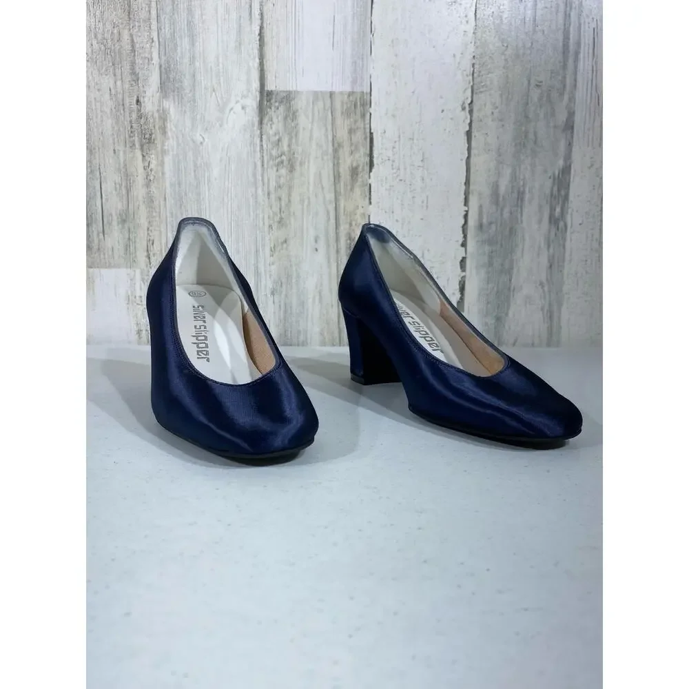 Coloriffics Silver‎ Slipper Vintage Navy Blue Satin Block Heels Womens Size 9.5